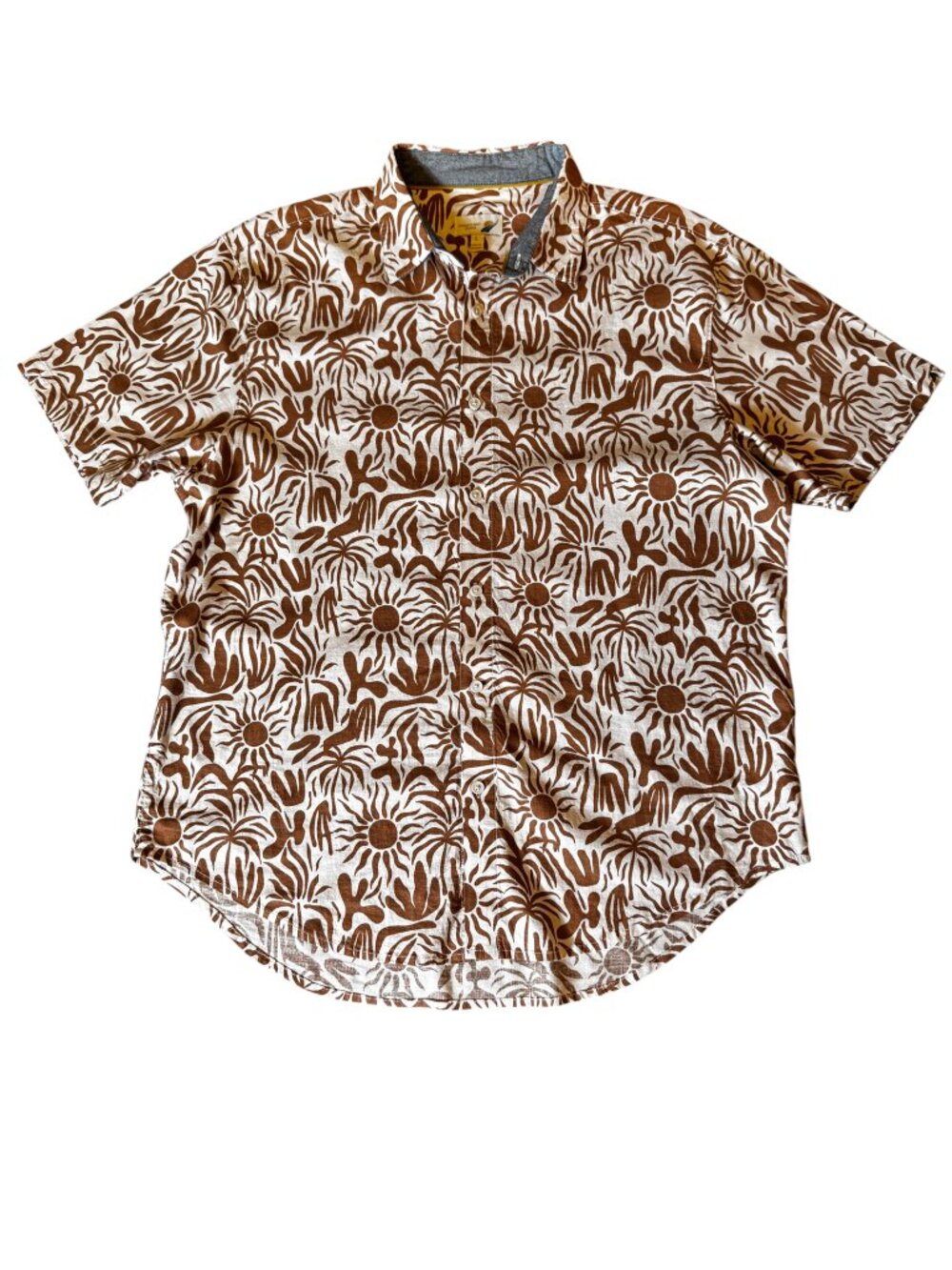 Fundamental Coast Brown Tropical Print Linen Blend Shirt Men’s Large